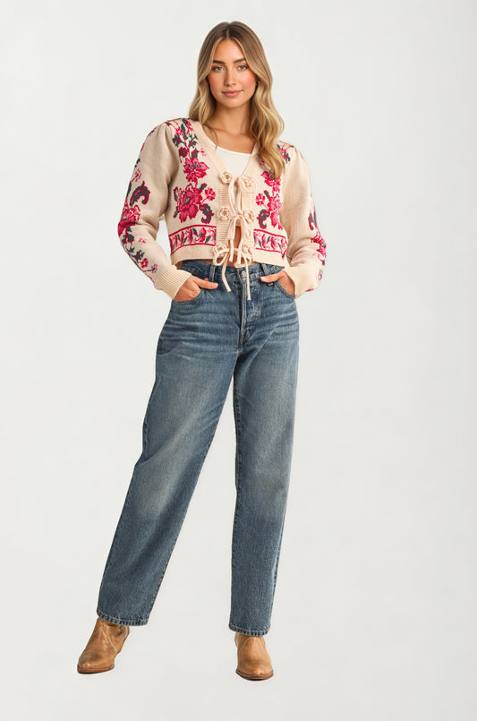 Floral Tie-Front Cardigan with Cropped Feminine Silhouette