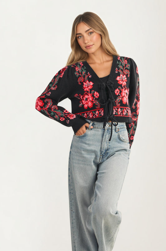 Floral Knit Tie Front Cardigan with Puff Sleeves