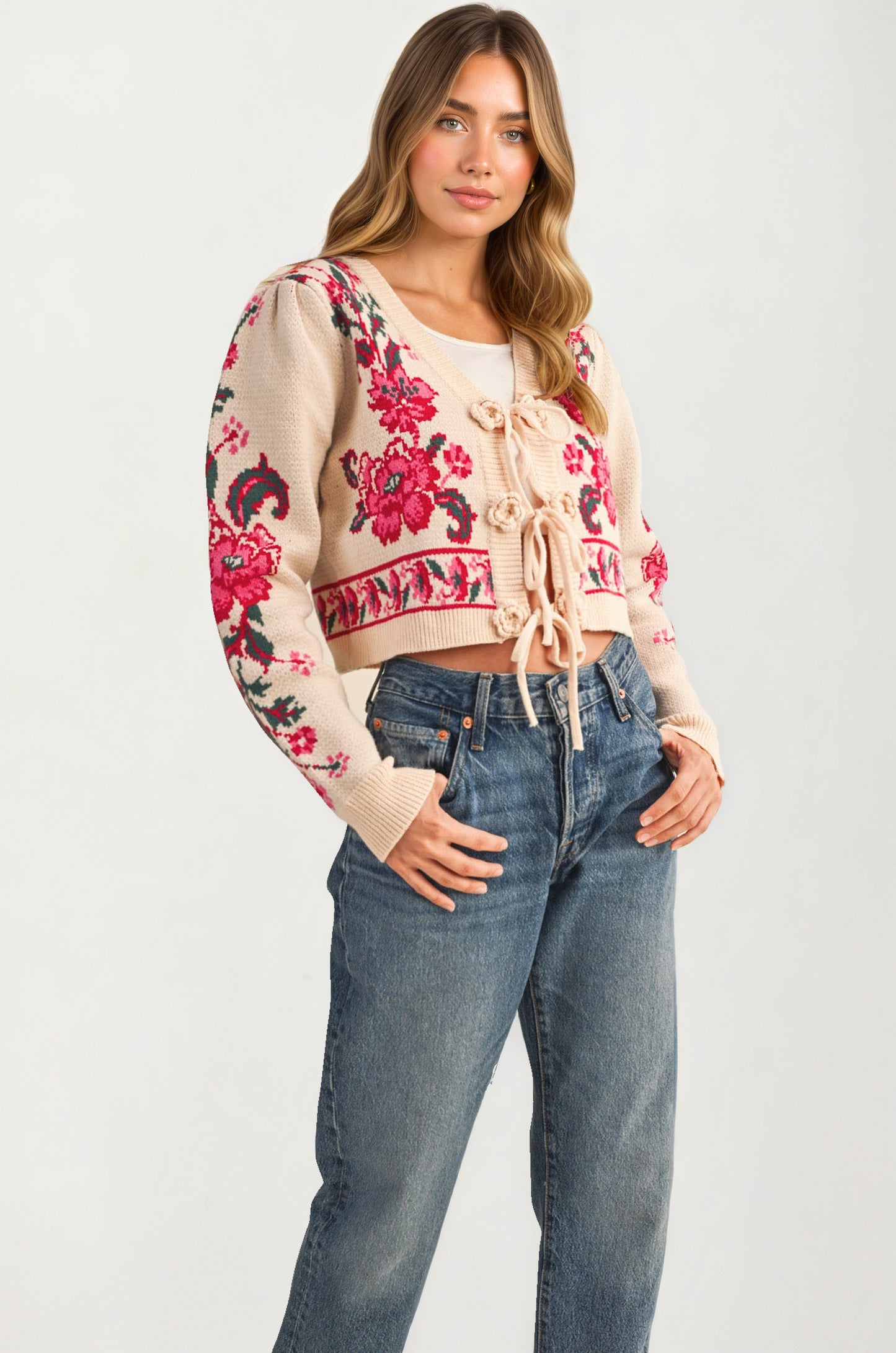 Floral Tie-Front Cardigan with Cropped Feminine Silhouette