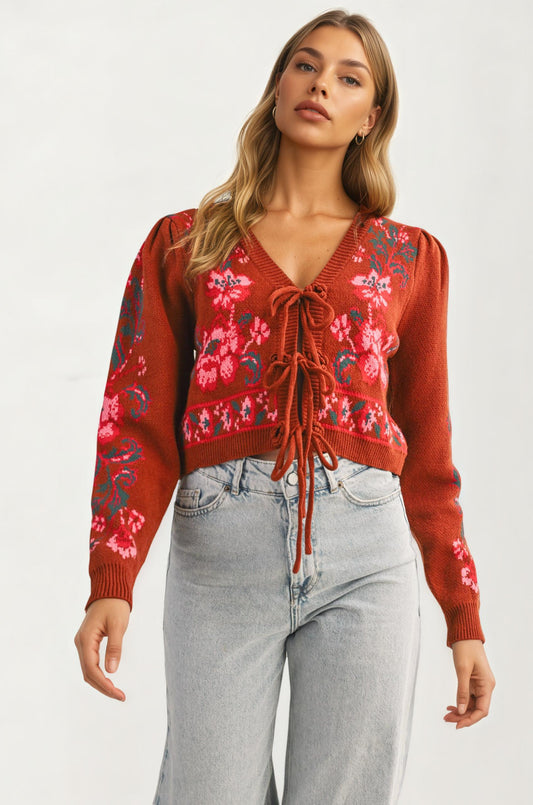 Floral Knit Tie Front Cardigan with Puff Sleeves