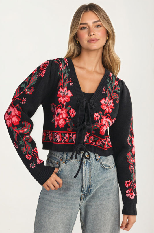 Floral Knit Tie Front Cardigan with Puff Sleeves