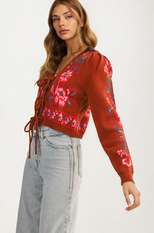 Floral Knit Tie Front Cardigan with Puff Sleeves