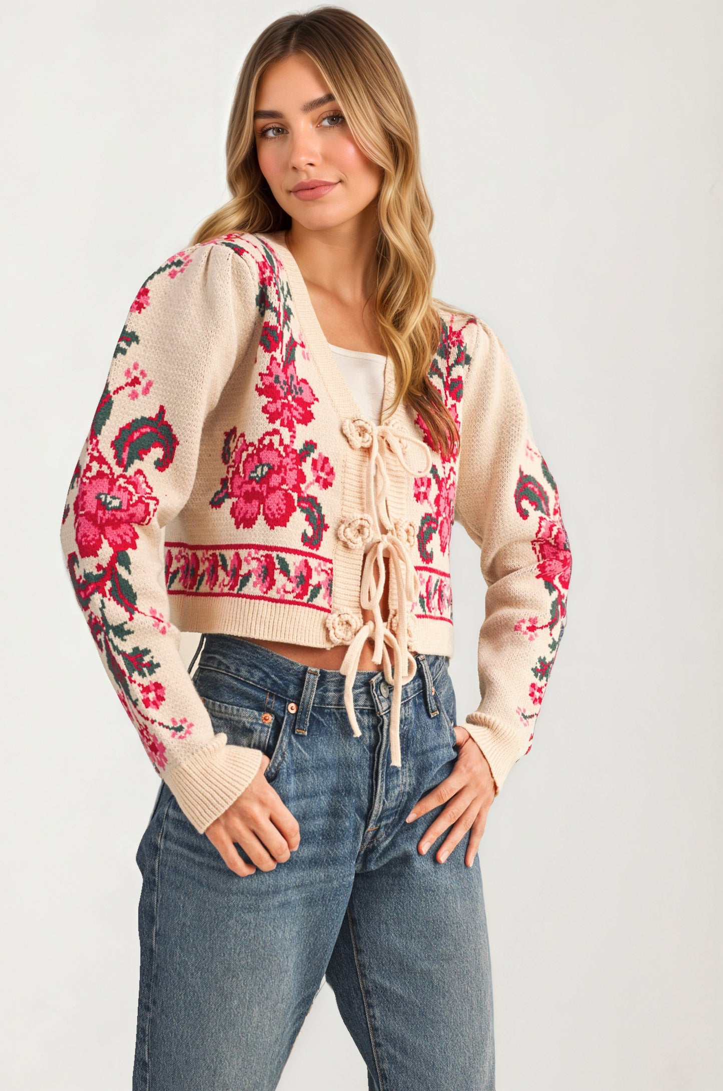Floral Tie-Front Cardigan with Cropped Feminine Silhouette