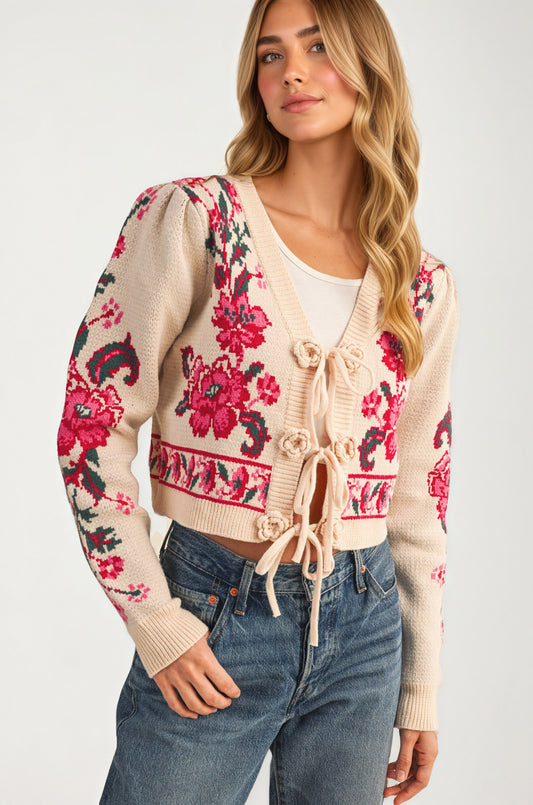 Floral Tie-Front Cardigan with Cropped Feminine Silhouette