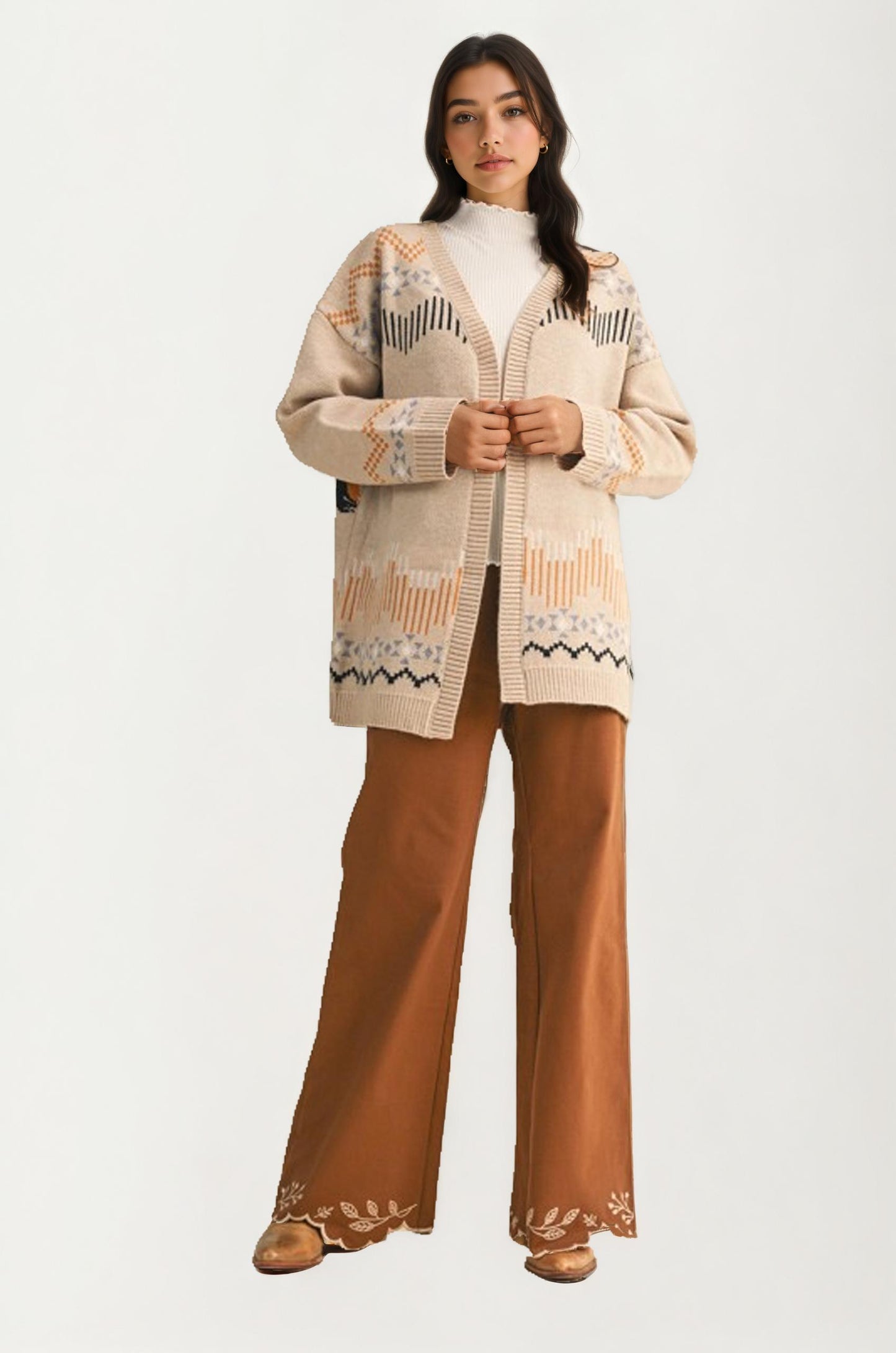 Scallop Trim Cardigan With Geometric Knit Pattern