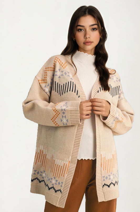 Scallop Trim Cardigan With Geometric Knit Pattern