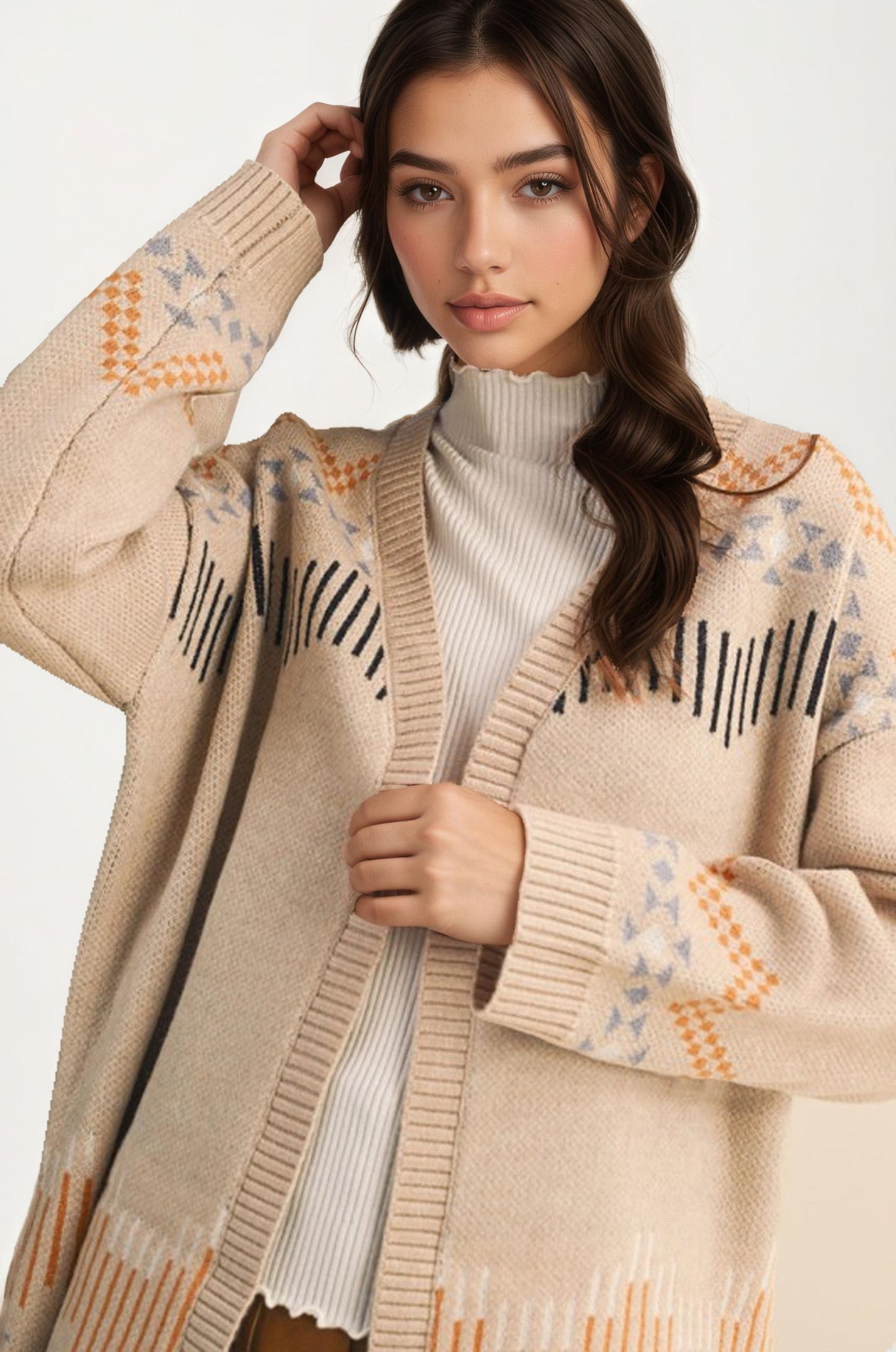 Scallop Trim Cardigan With Geometric Knit Pattern
