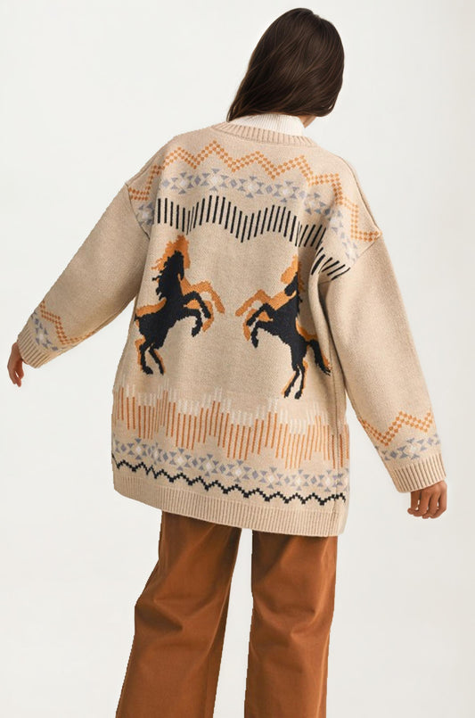 Scallop Trim Cardigan With Geometric Knit Pattern