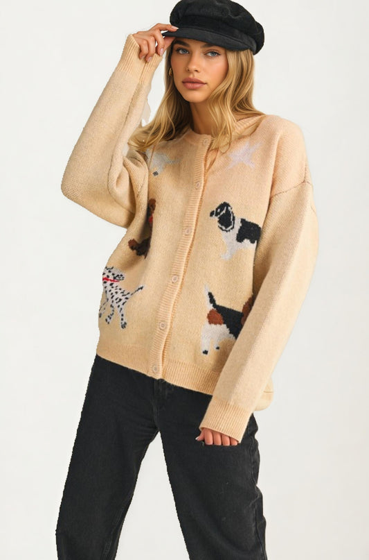 Button Front Dog Print Knit Cardigan With Relaxed Fit