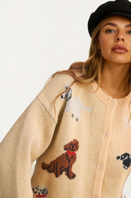 Button Front Dog Print Knit Cardigan With Relaxed Fit