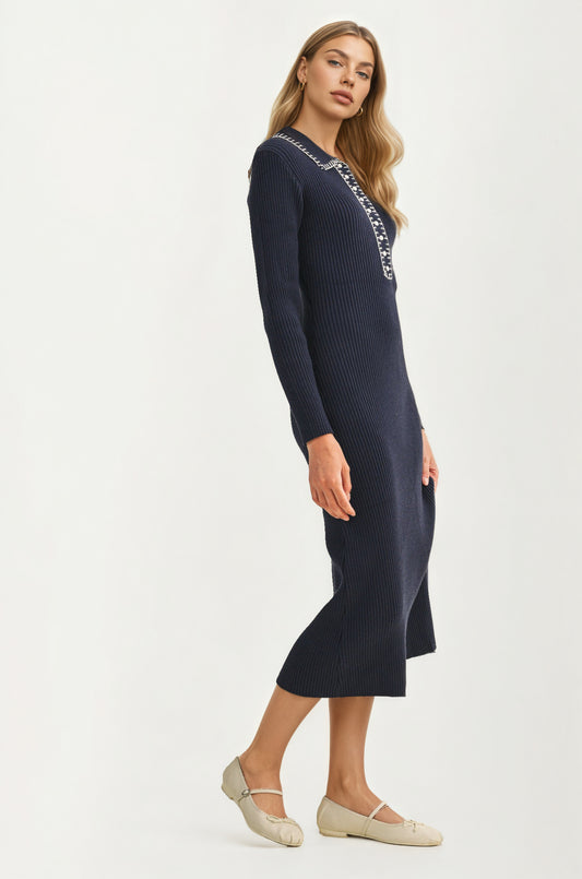Collared Ribbed Knit Midi Dress with Contrast Stitch Detail