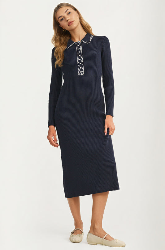 Collared Ribbed Knit Midi Dress with Contrast Stitch Detail