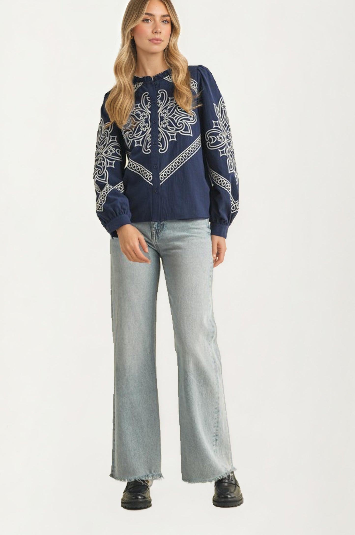 Navy Embroidered Button-Front Top With Puff Sleeves