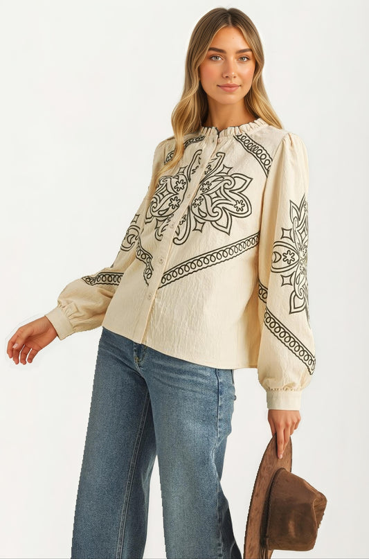 Western Embroidered Long Sleeve Cream Blouse