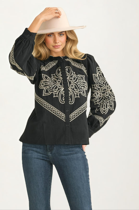 Black Embroidered Western Button-Up Blouse
