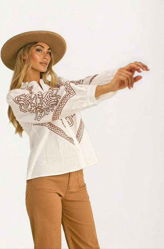 Ivory Embroidered Western Button-Up Blouse