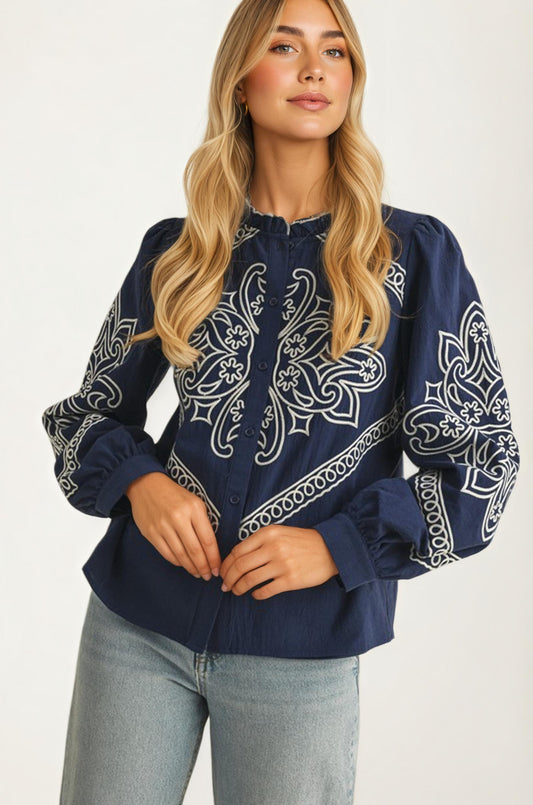 Navy Embroidered Button-Front Top With Puff Sleeves