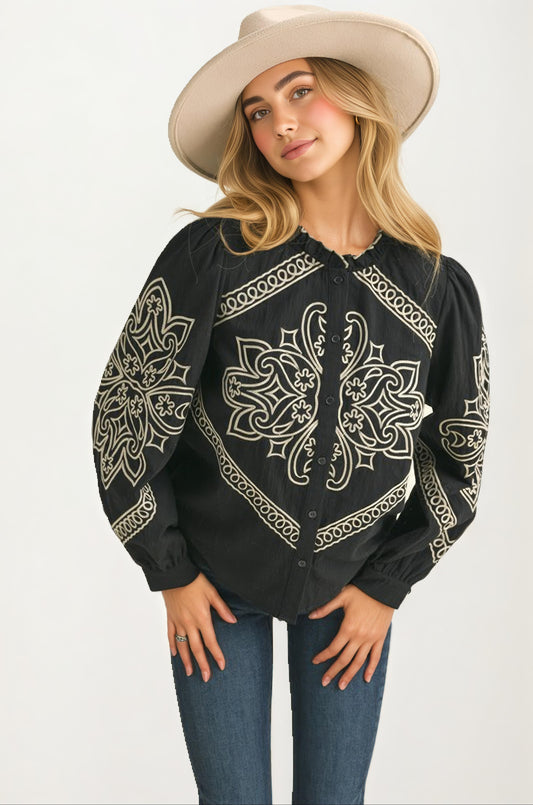 Black Embroidered Western Button-Up Blouse