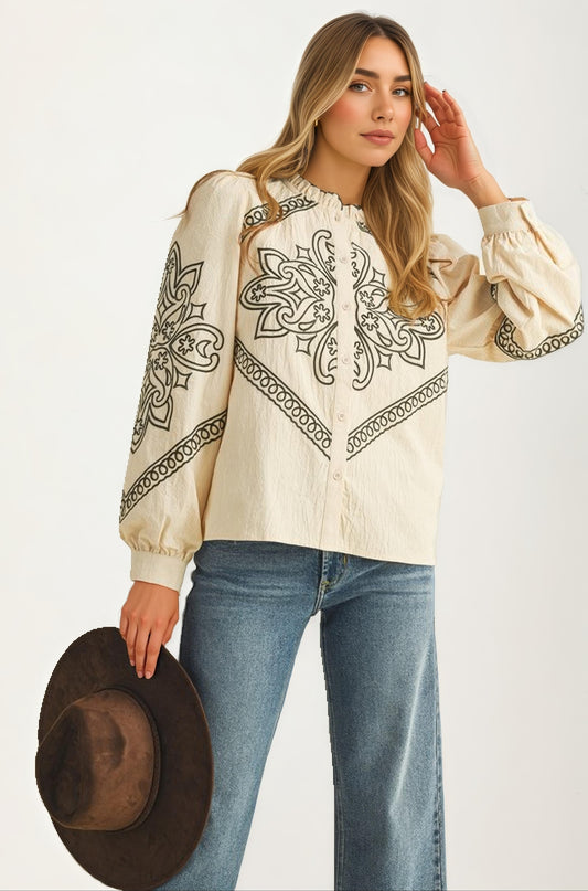 Western Embroidered Long Sleeve Cream Blouse