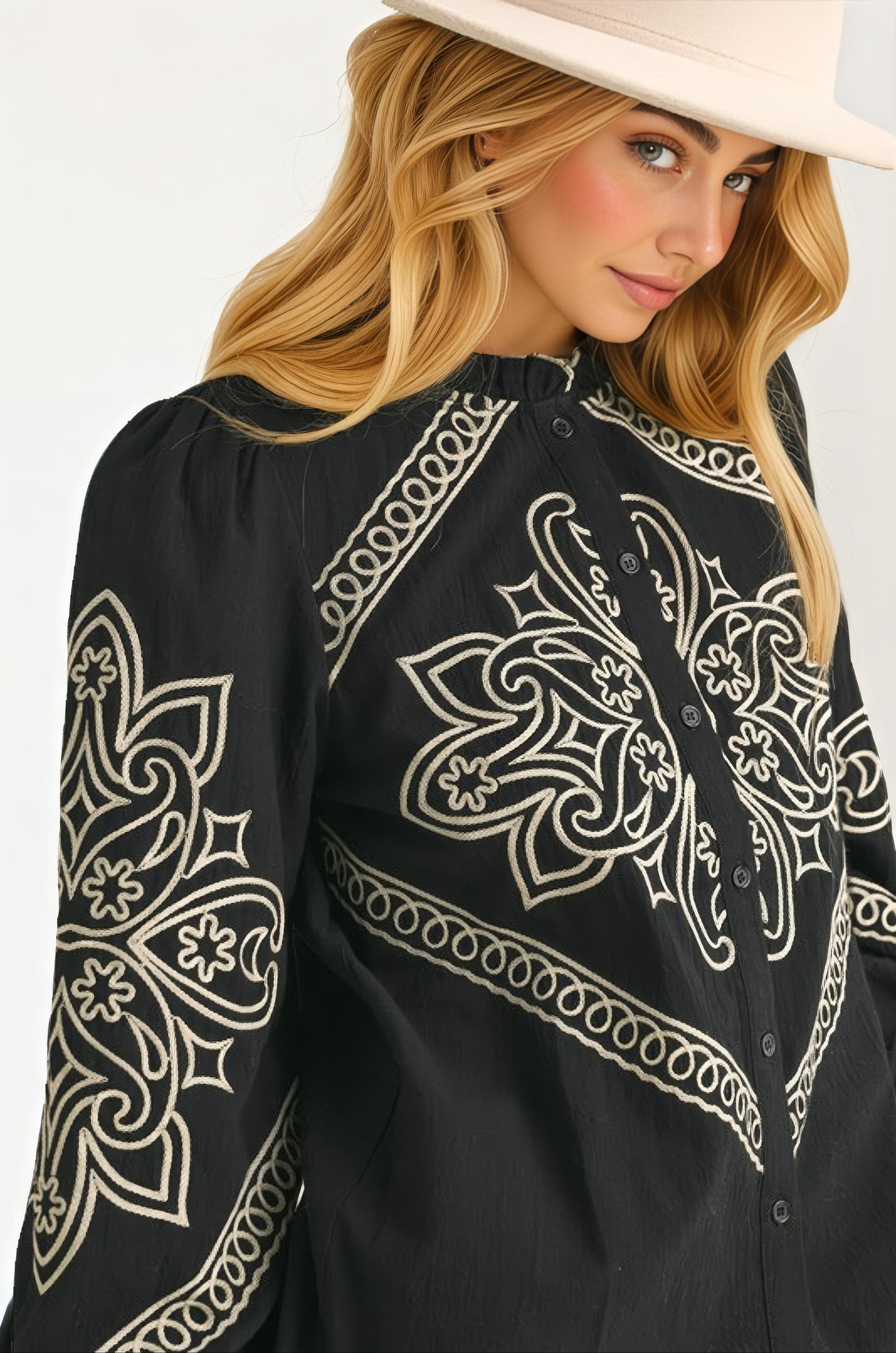 Black Embroidered Western Button-Up Blouse