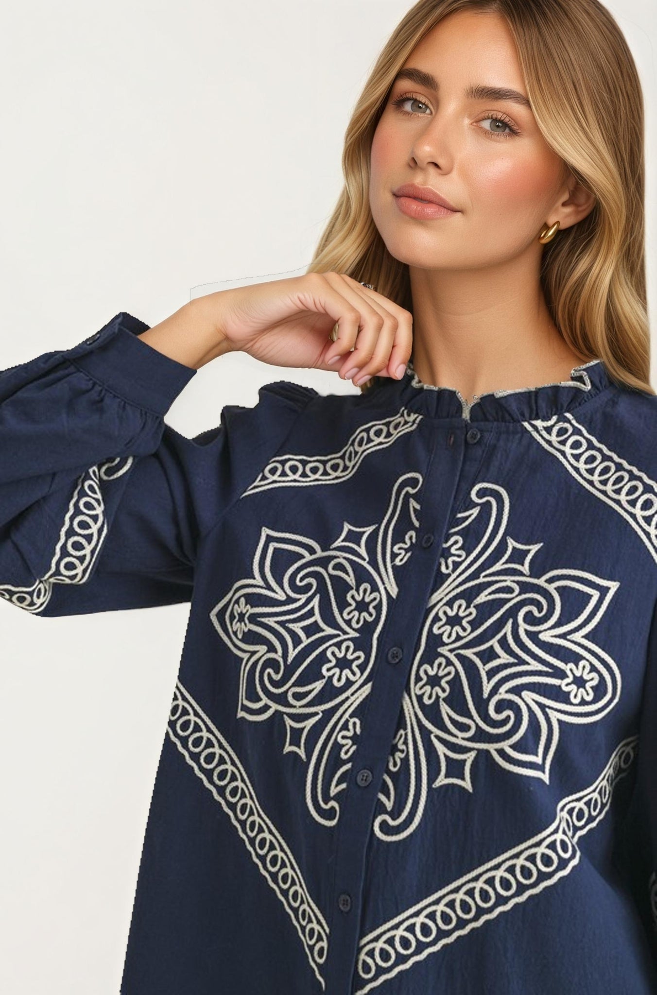 Navy Embroidered Button-Front Top With Puff Sleeves