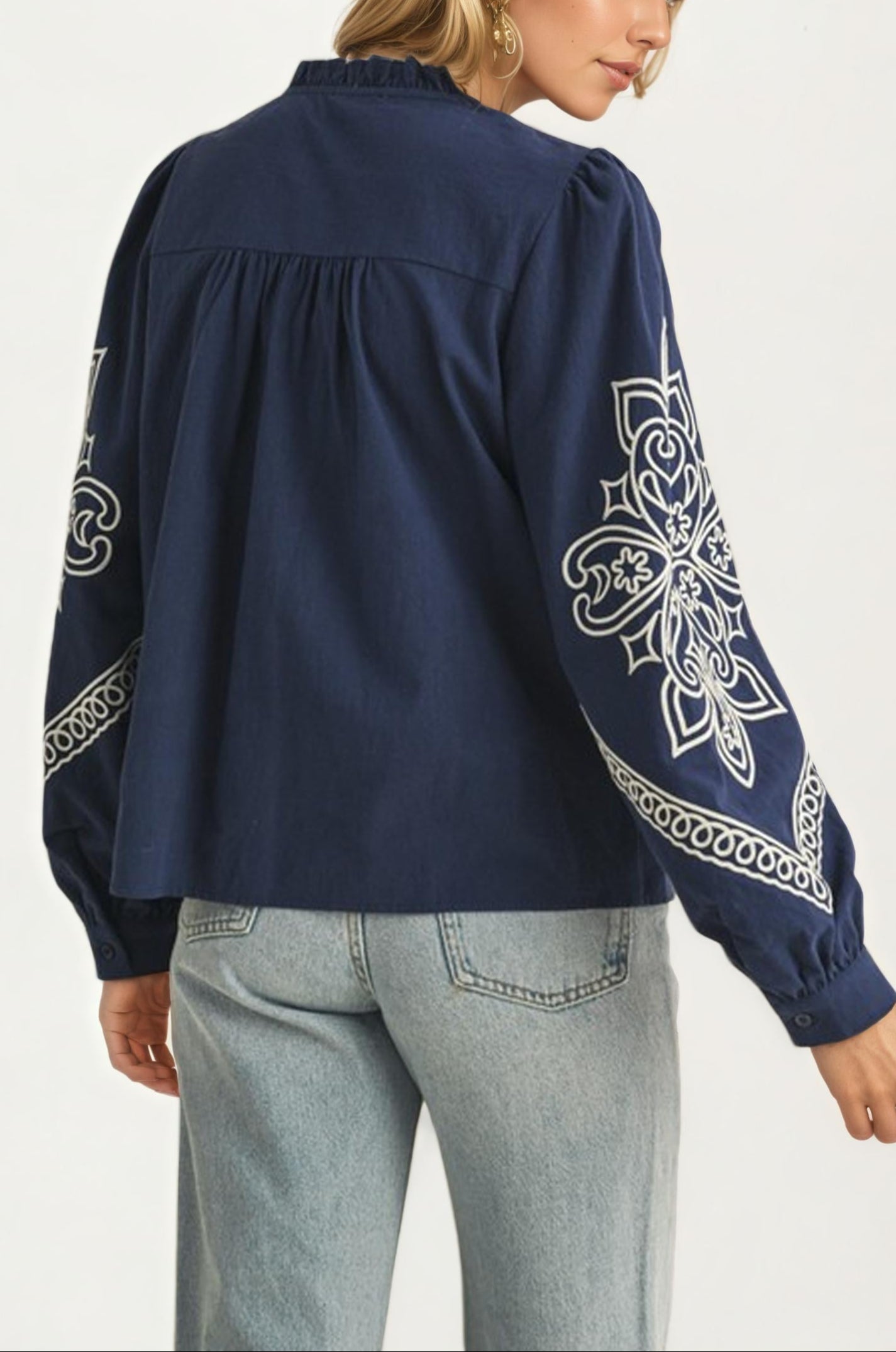 Navy Embroidered Button-Front Top With Puff Sleeves