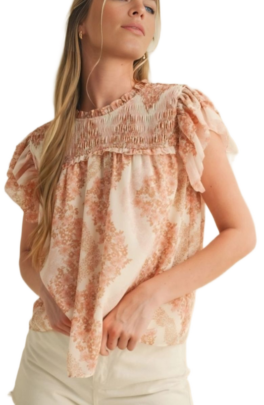 Smocked Ruffle Sleeve Top Soft Pink Floral Print Lightweight Relaxed Fit