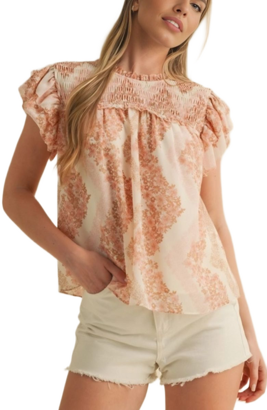 Smocked Ruffle Sleeve Top Soft Pink Floral Print Lightweight Relaxed Fit