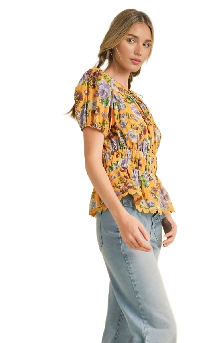 Floral Peplum Top Puff Sleeves Smocked Waist Tie Neck Scallop Trim Yellow Print