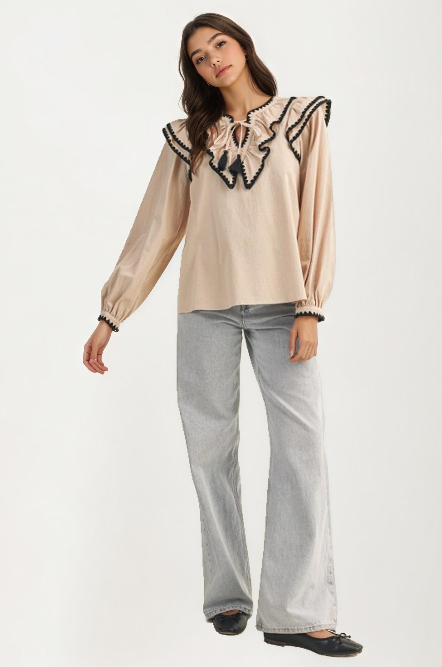 Ruffle Trim Blouse With Oversized Contrast Collar