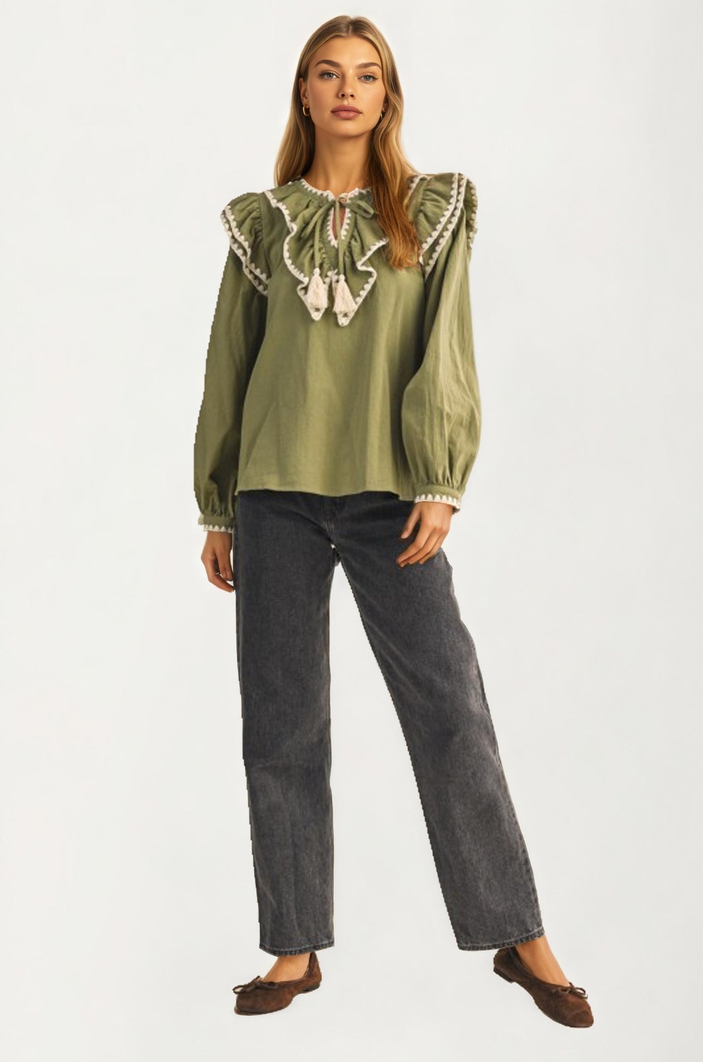 Olive Ruffle Trim Top With Tassel Tie Neckline
