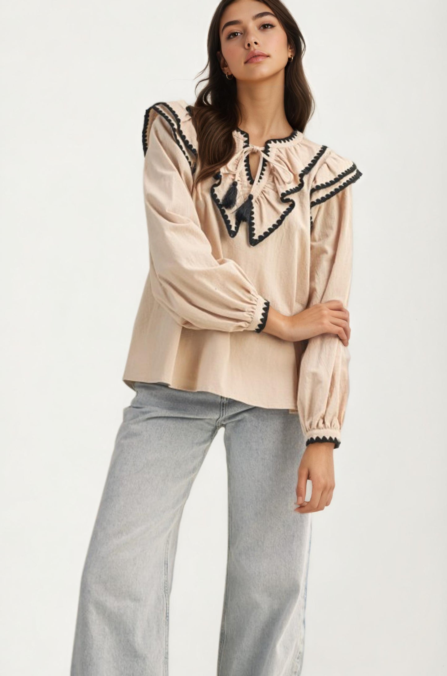 Ruffle Trim Blouse With Oversized Contrast Collar