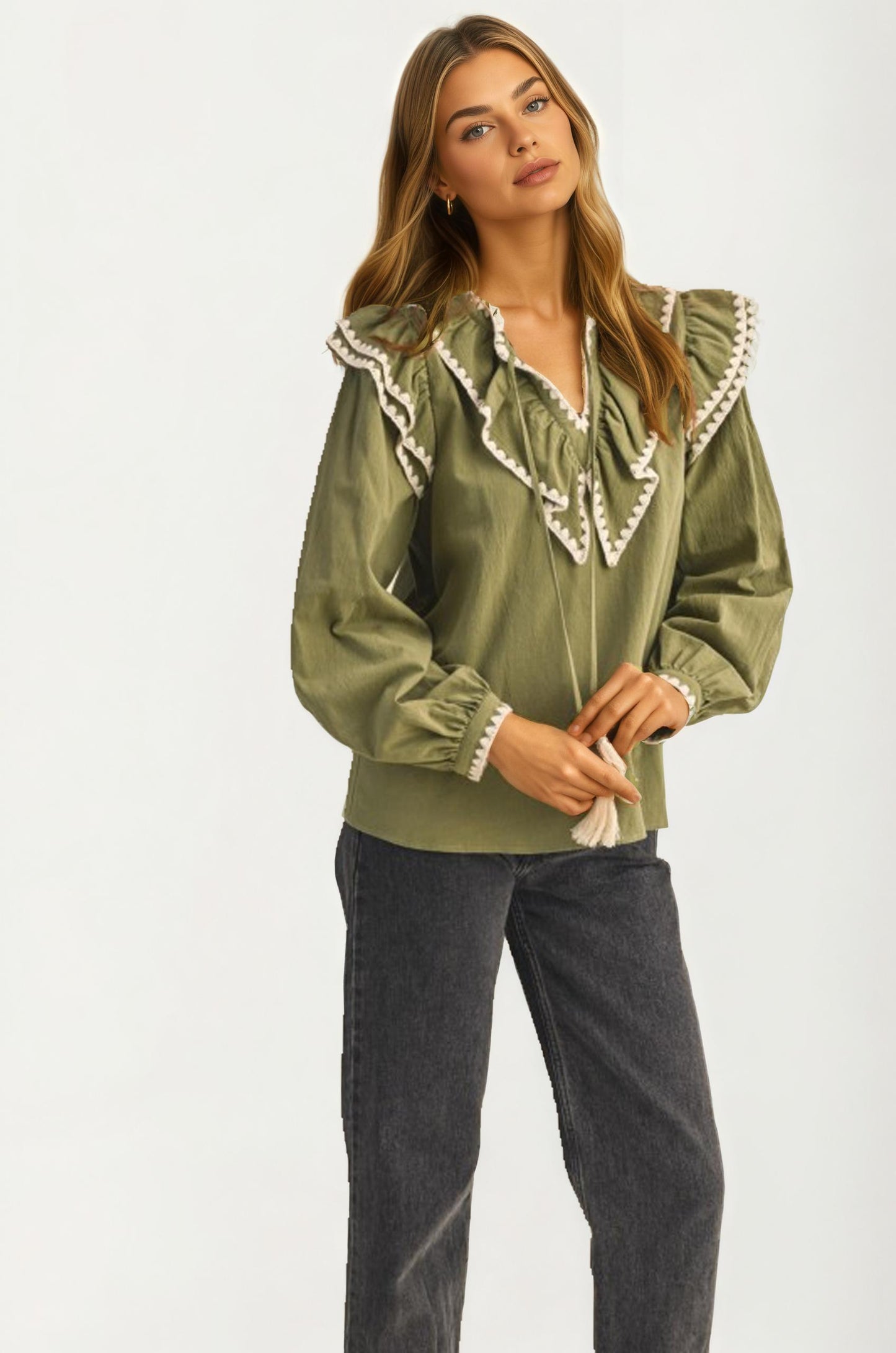 Olive Ruffle Trim Top With Tassel Tie Neckline