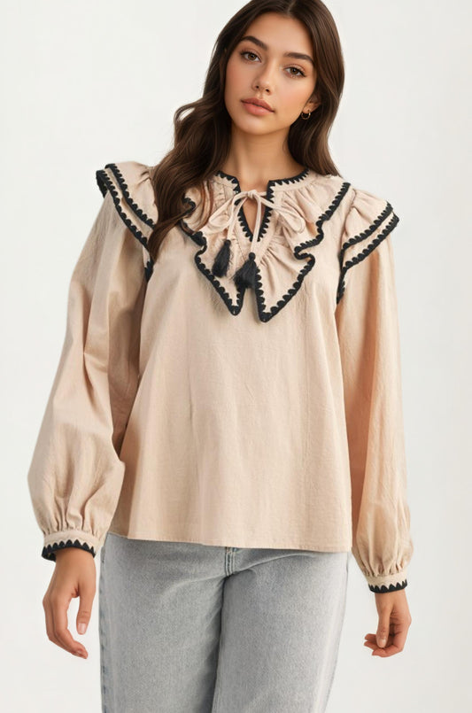 Ruffle Trim Blouse With Oversized Contrast Collar