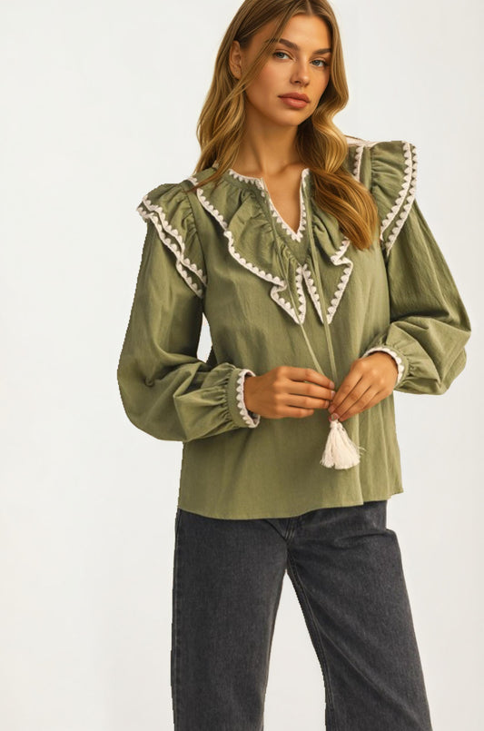 Olive Ruffle Trim Top With Tassel Tie Neckline