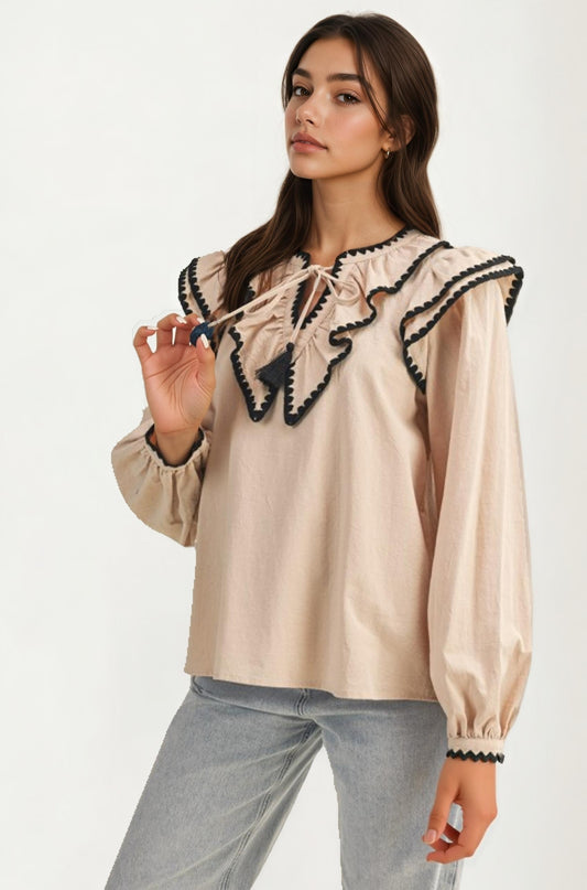 Ruffle Trim Blouse With Oversized Contrast Collar