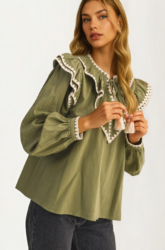 Olive Ruffle Trim Top With Tassel Tie Neckline
