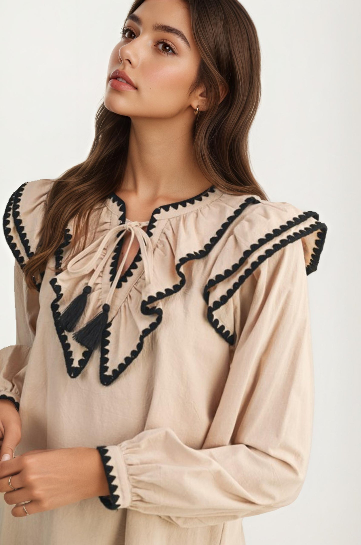 Ruffle Trim Blouse With Oversized Contrast Collar