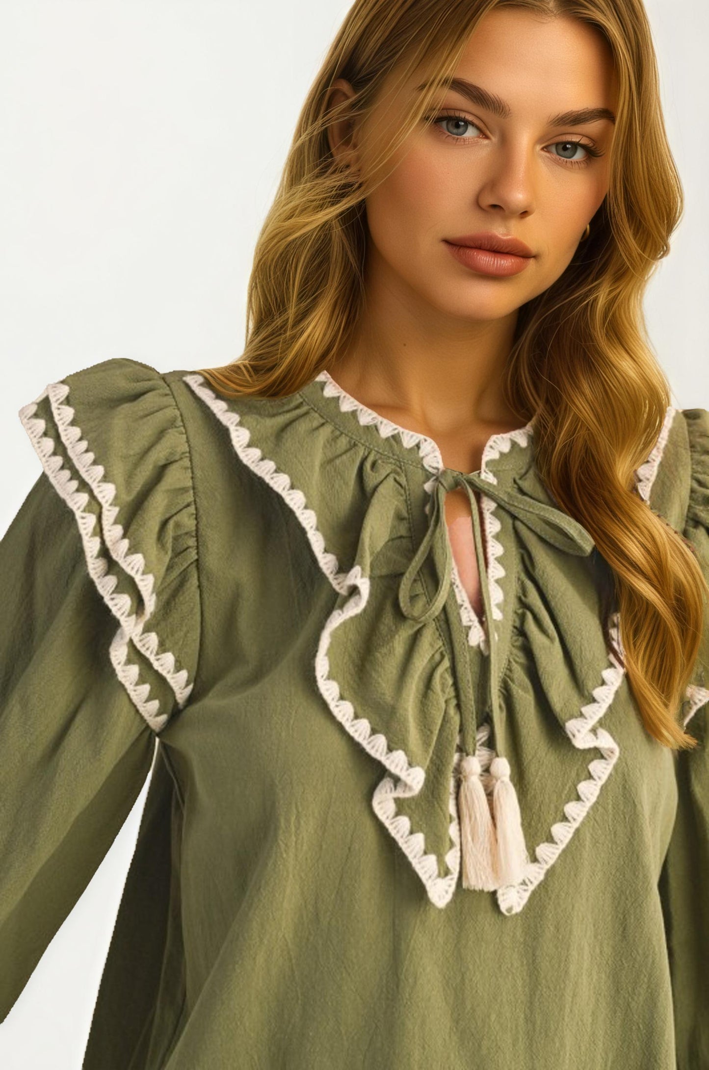 Olive Ruffle Trim Top With Tassel Tie Neckline