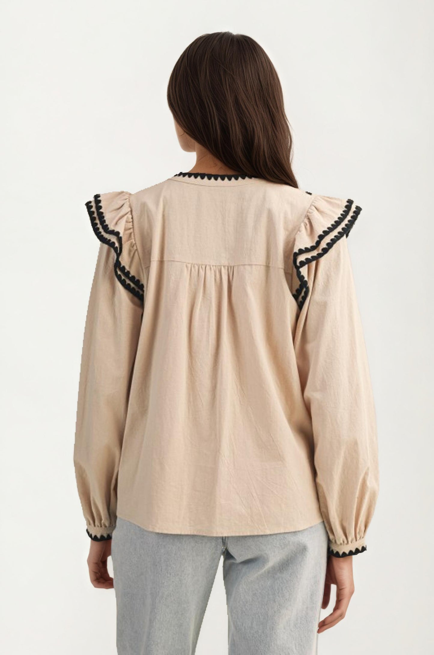 Ruffle Trim Blouse With Oversized Contrast Collar