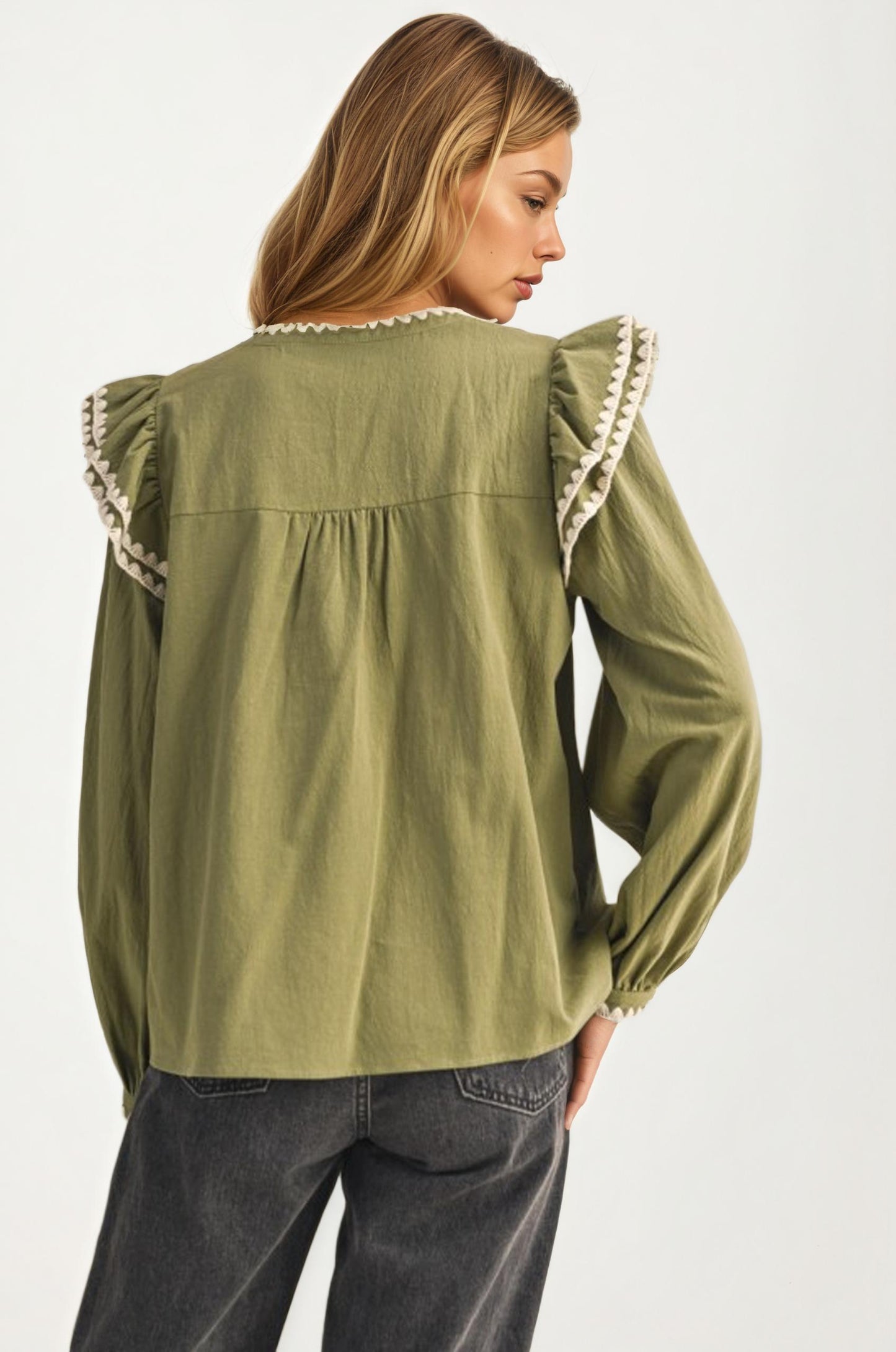 Olive Ruffle Trim Top With Tassel Tie Neckline