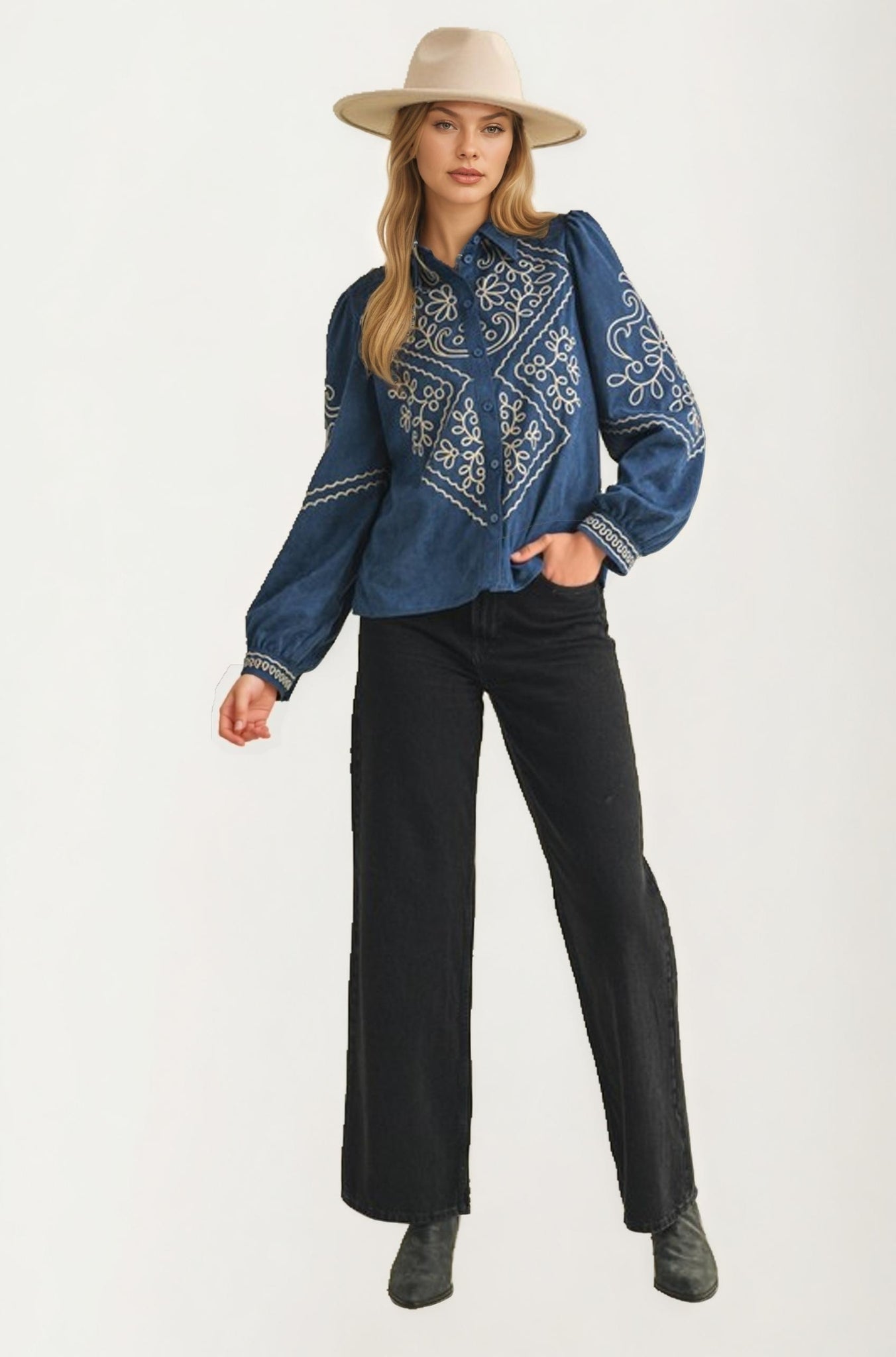Embroidered Denim Button-Down Blouse with Long Puff Sleeves