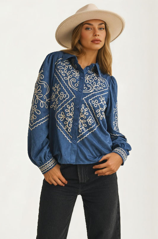 Embroidered Denim Button-Down Blouse with Long Puff Sleeves