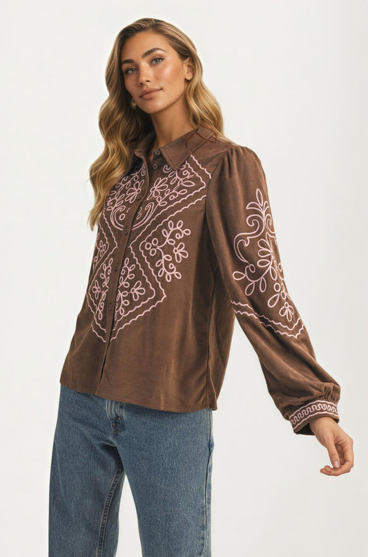 Brown Button Up Blouse with Pink Embroidery Details