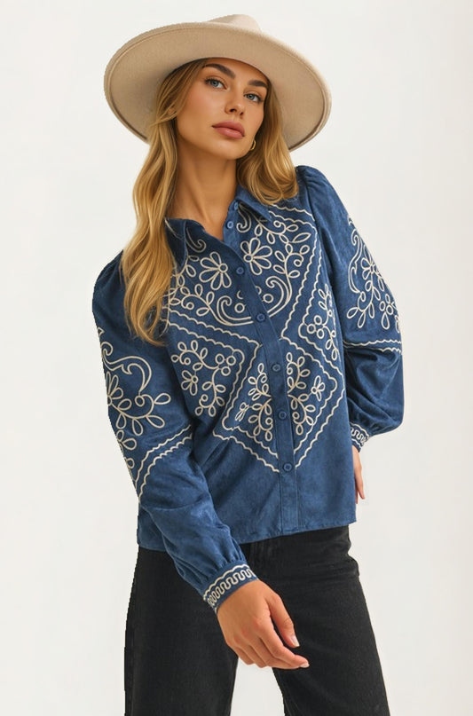 Embroidered Denim Button-Down Blouse with Long Puff Sleeves
