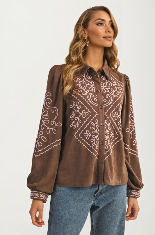 Brown Button Up Blouse with Pink Embroidery Details