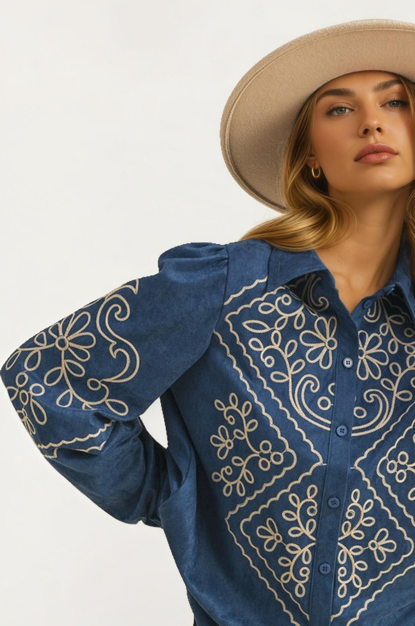 Embroidered Denim Button-Down Blouse with Long Puff Sleeves