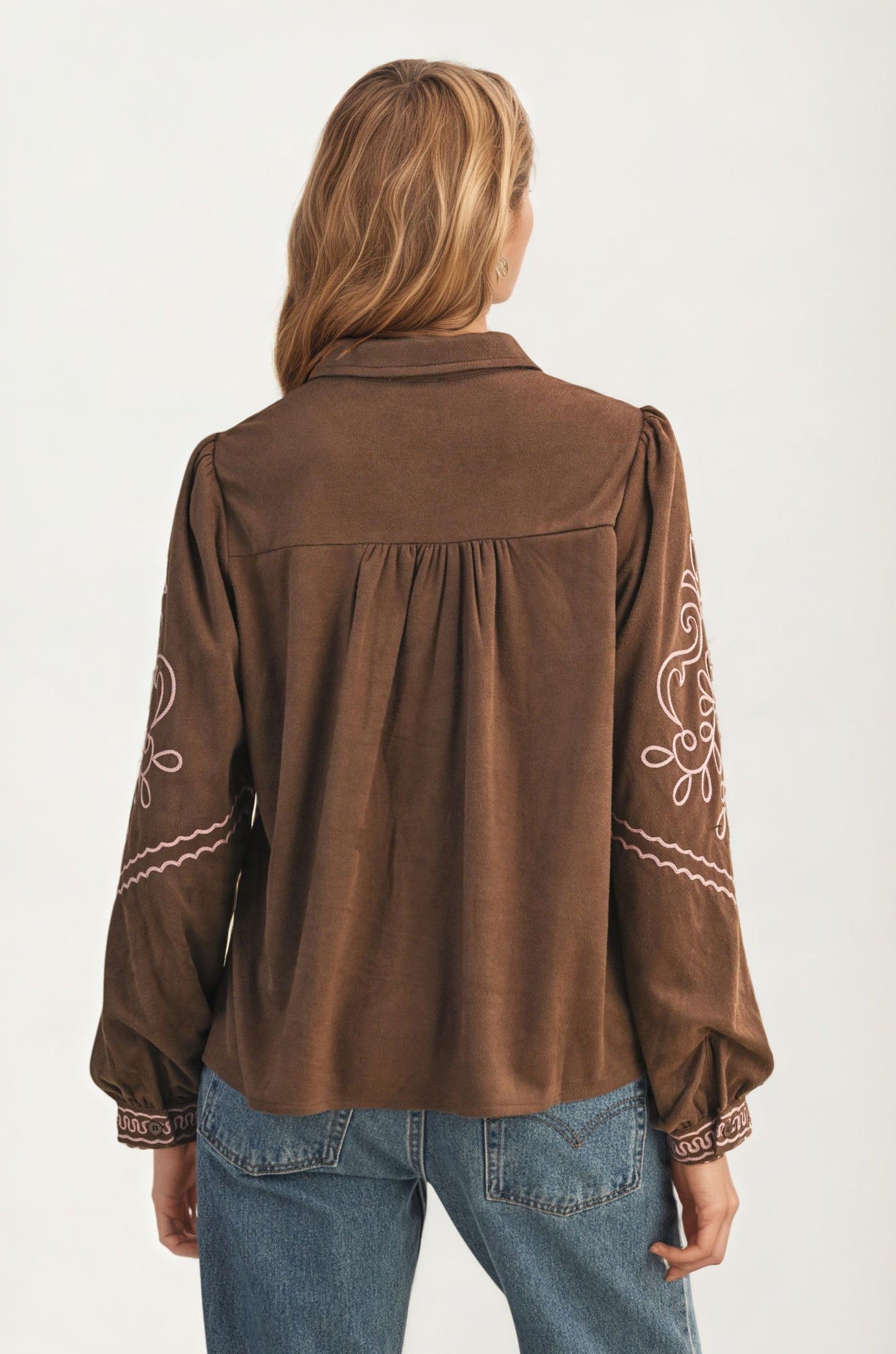 Brown Button Up Blouse with Pink Embroidery Details