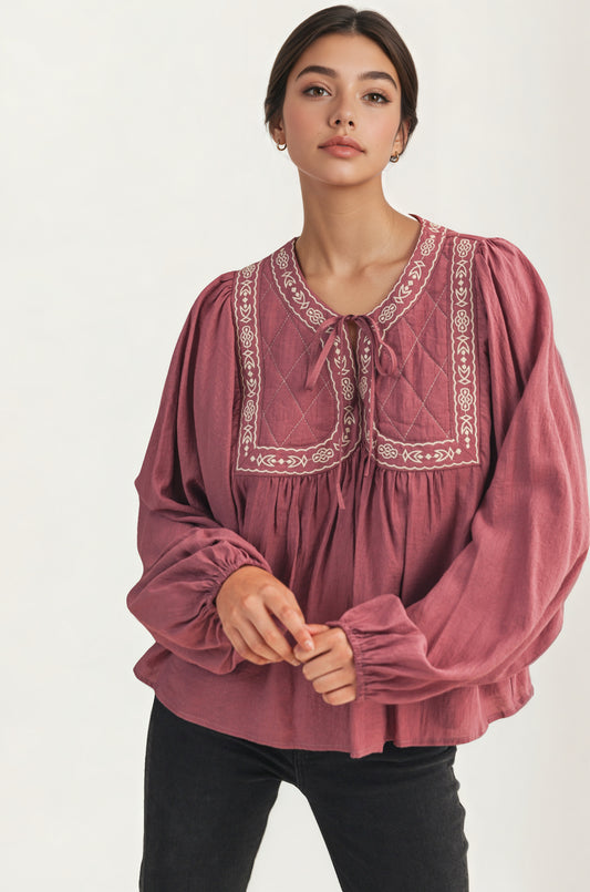 Flowy Long Sleeve Blouse with Embroidered Yoke and Tie Neckline