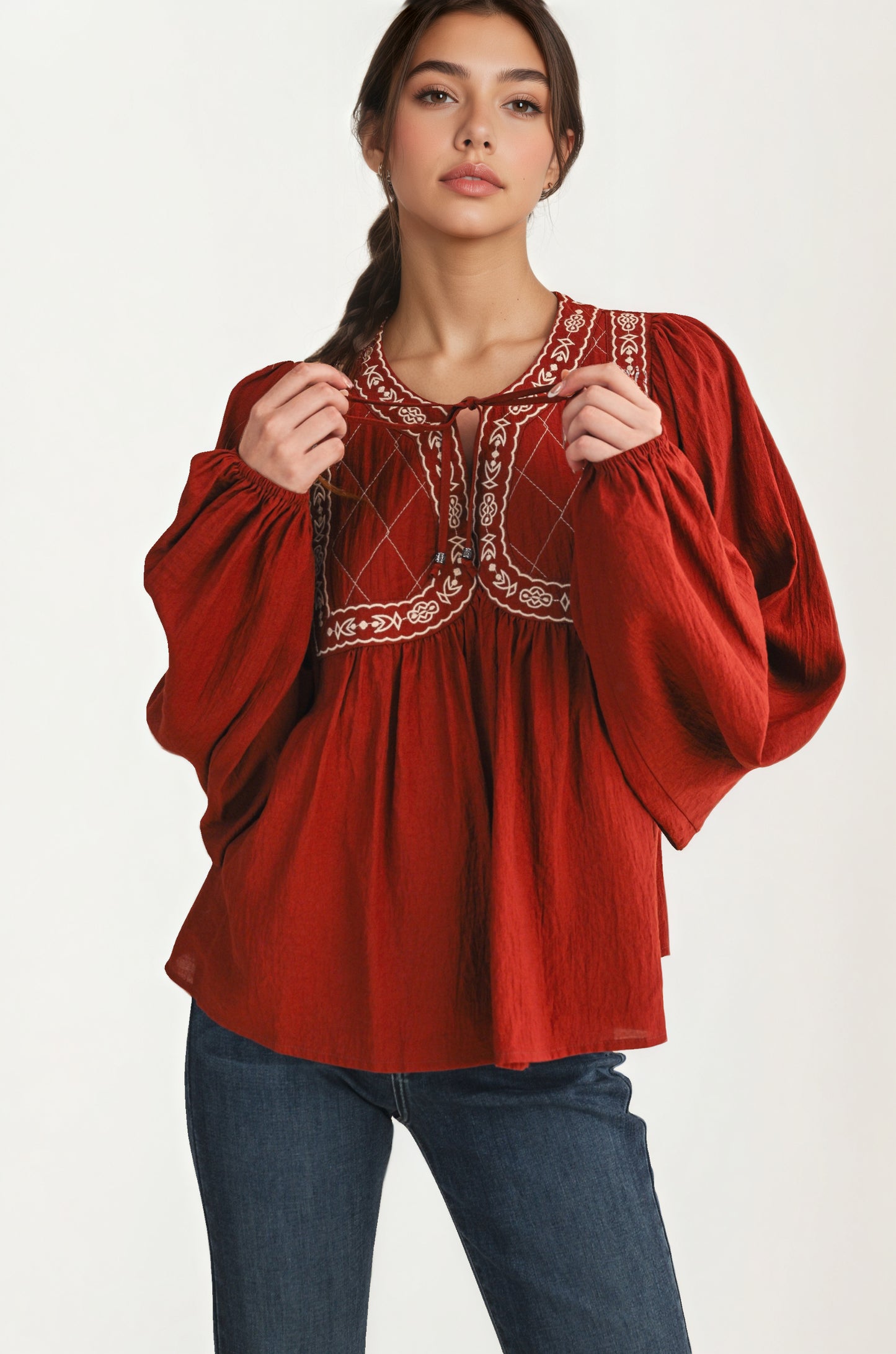 Flowy Long Sleeve Blouse with Embroidered Yoke and Tie Neckline